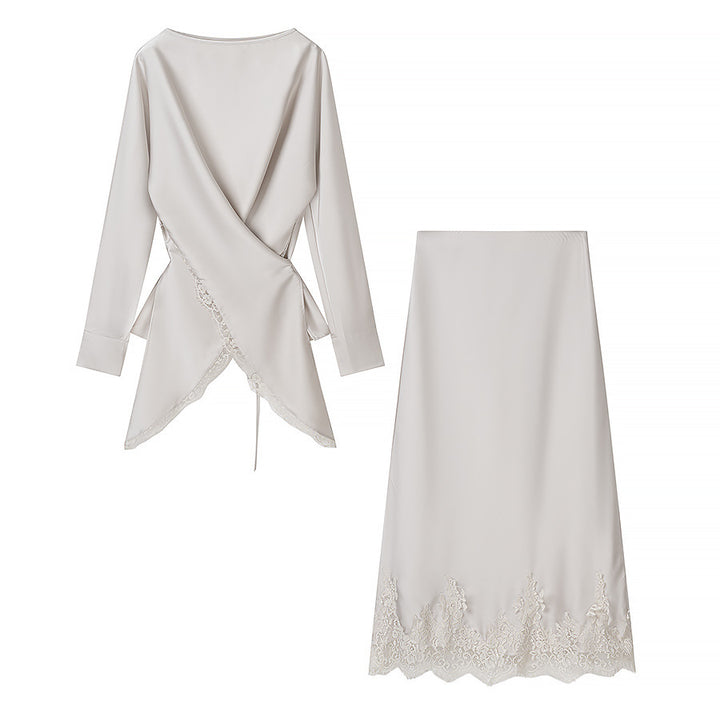 Damer elegant wrap-blus med spetsdetalj och matchande kjol Mirla-Eva Jonsson