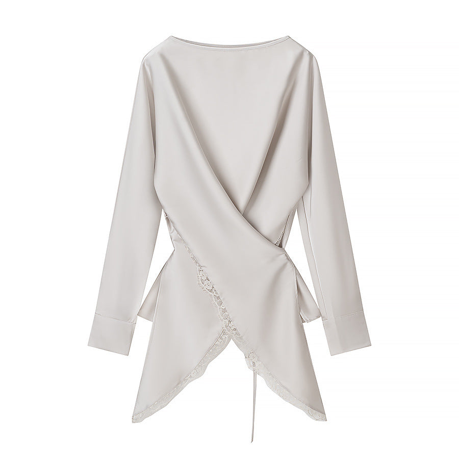 Damer elegant wrap-blus med spetsdetalj och matchande kjol Mirla-Eva Jonsson