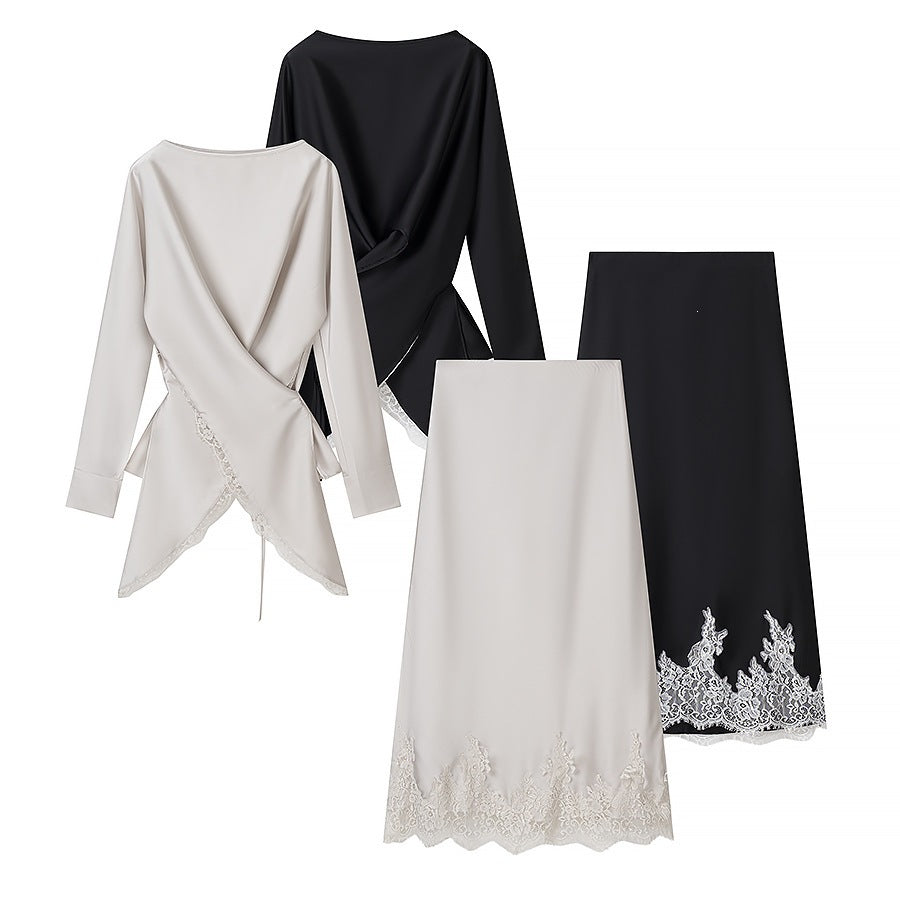 Damer elegant wrap-blus med spetsdetalj och matchande kjol Mirla-Eva Jonsson