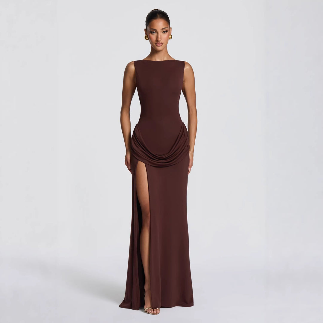 Damer elegant wrap maxiklänning med asymmetrisk volangdesign och sexig slits Mirla-Eva Jonsson