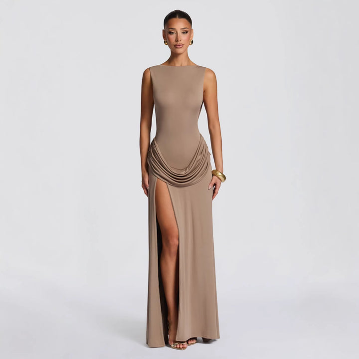 Damer elegant wrap maxiklänning med asymmetrisk volangdesign och sexig slits Mirla-Eva Jonsson