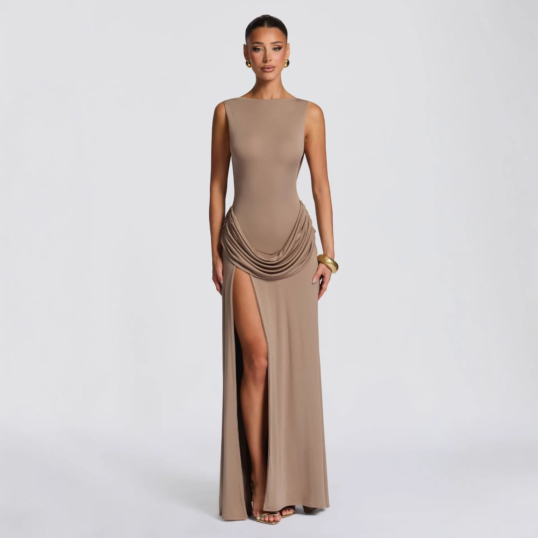 Damer elegant wrap maxiklänning med asymmetrisk volangdesign och sexig slits Mirla-Eva Jonsson