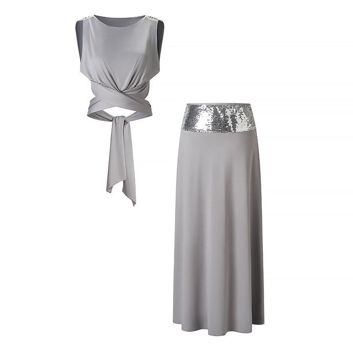Damer elegant wrap top och maxilång kjol med paljettmidja Mirla-Eva Jonsson