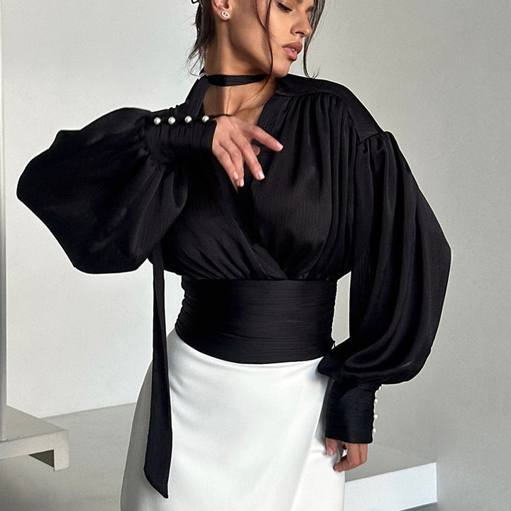 Damer eleganta blus topp med vida ärmar och knytband Mirla-Eva Jonsson