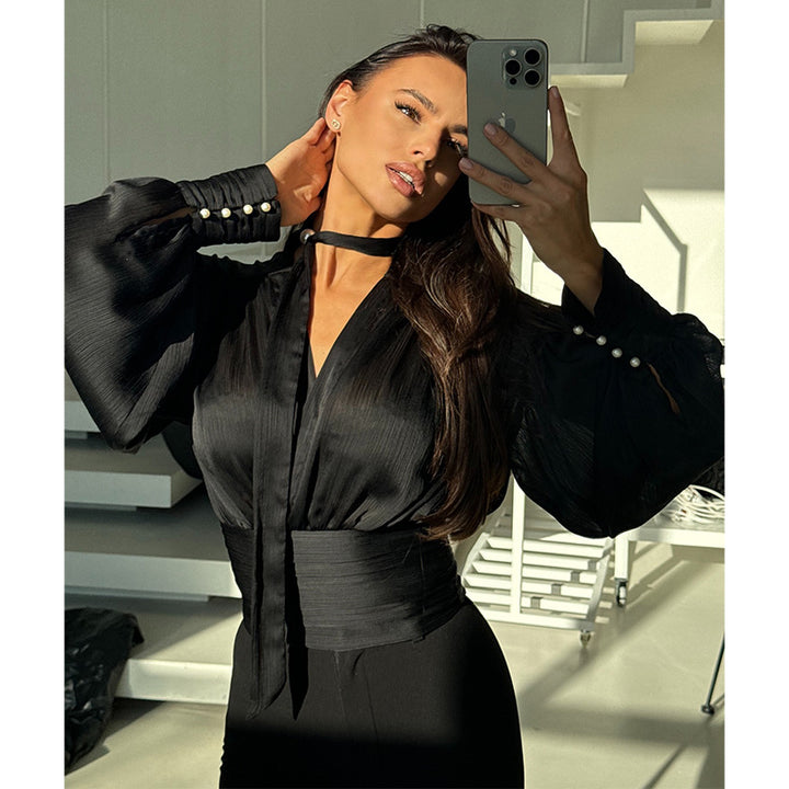Damer eleganta blus topp med vida ärmar och knytband Mirla-Eva Jonsson