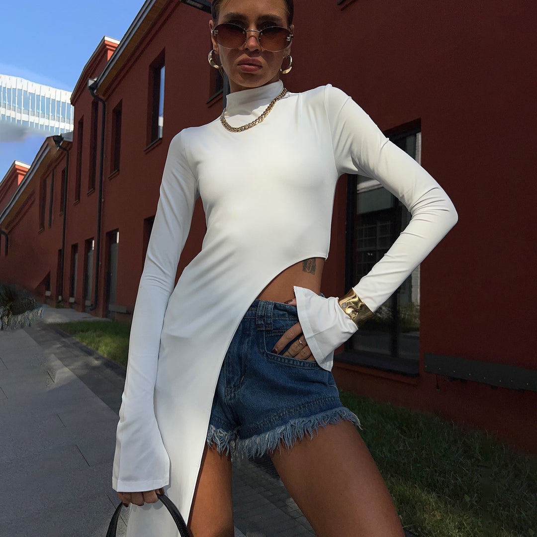 Damer eleganta förlängda långärmade T-shirt med asymmetrisk skärning Eva Jonsson-Eva Jonsson