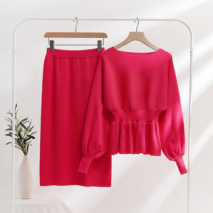 Damer eleganta stickensemble med drapering och ballongärmar Mirla-Eva Jonsson