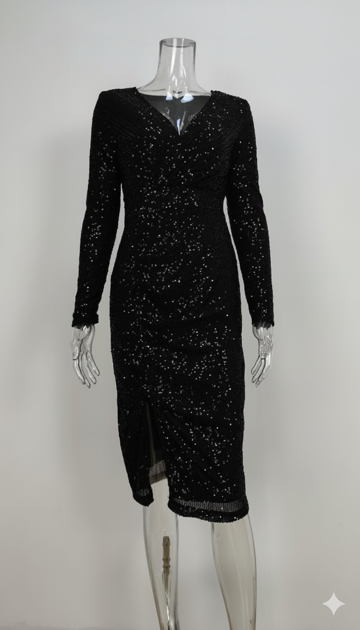 Damer festlig korsettklänning med transparenta ärmar och glittrande tyg Mirla-Eva Jonsson