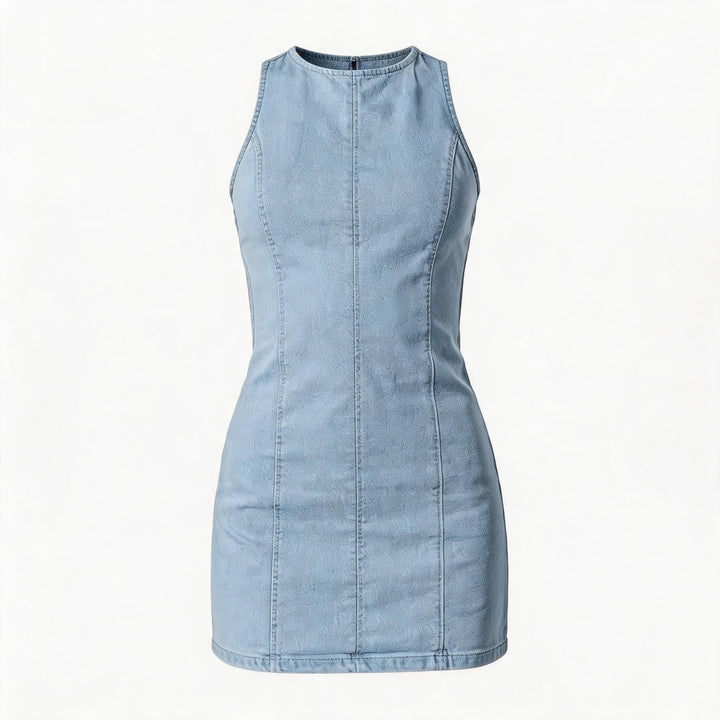 Damer figurnära denimklänning med sidoklyftor och hög krage Mirla-Eva Jonsson