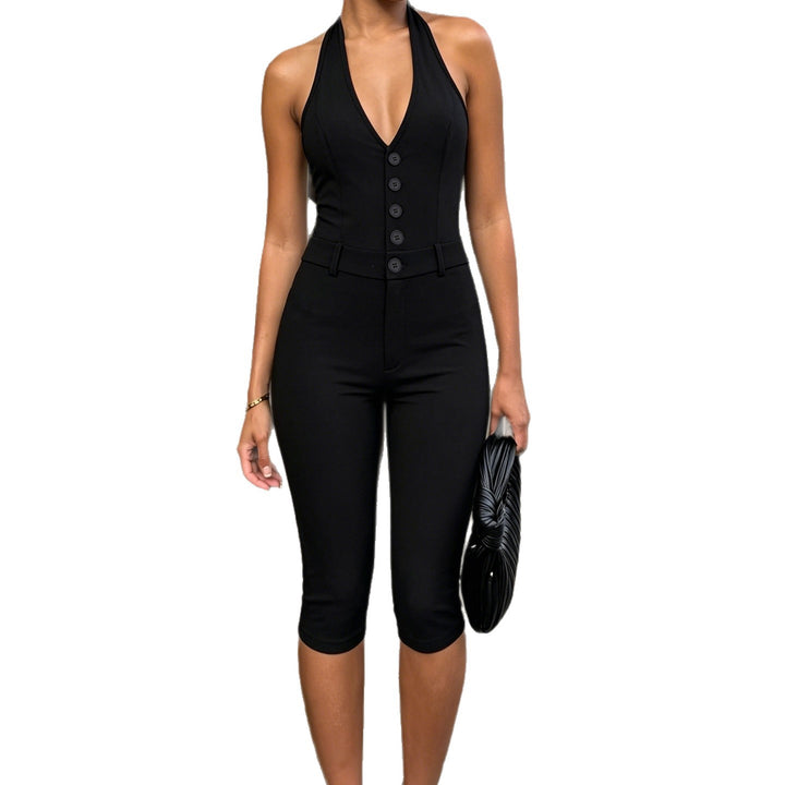 Damer figurnära jumpsuit med elegant halterneck och knapplist Mirla-Eva Jonsson