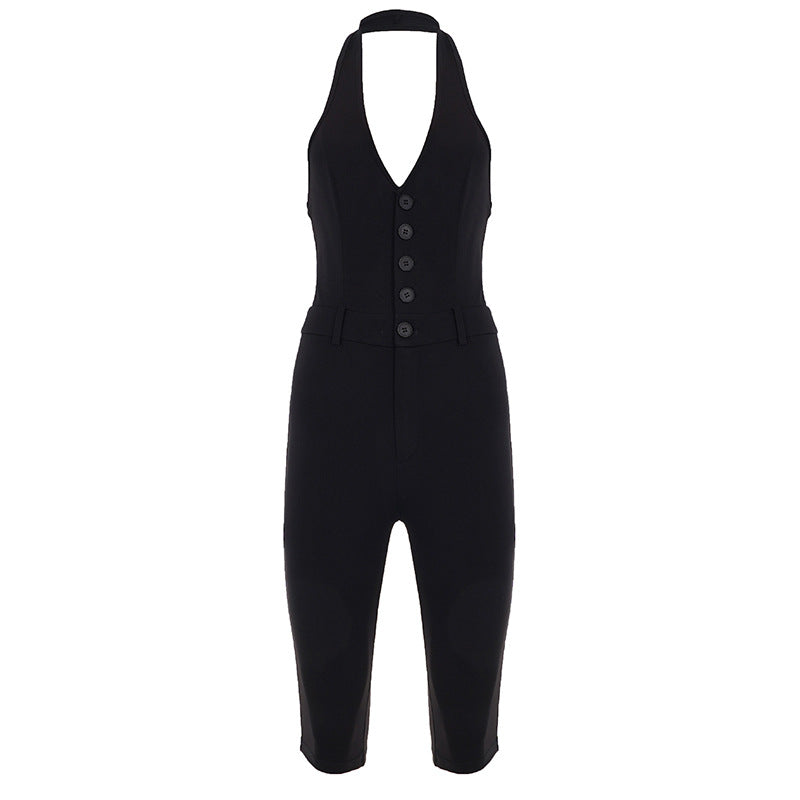 Damer figurnära jumpsuit med elegant halterneck och knapplist Mirla-Eva Jonsson