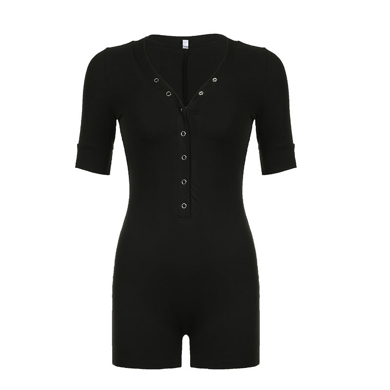 Damer figurnära jumpsuit med kort ärm och trendig halsringning Mirla-Eva Jonsson