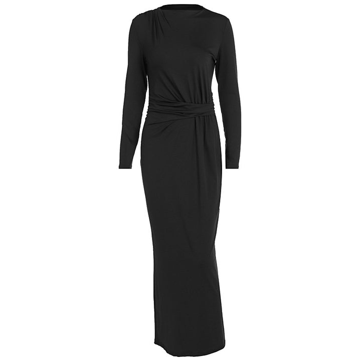 Damer figurnära maxiklänning med eleganta draperingar och lång ärm Mirla-Eva Jonsson