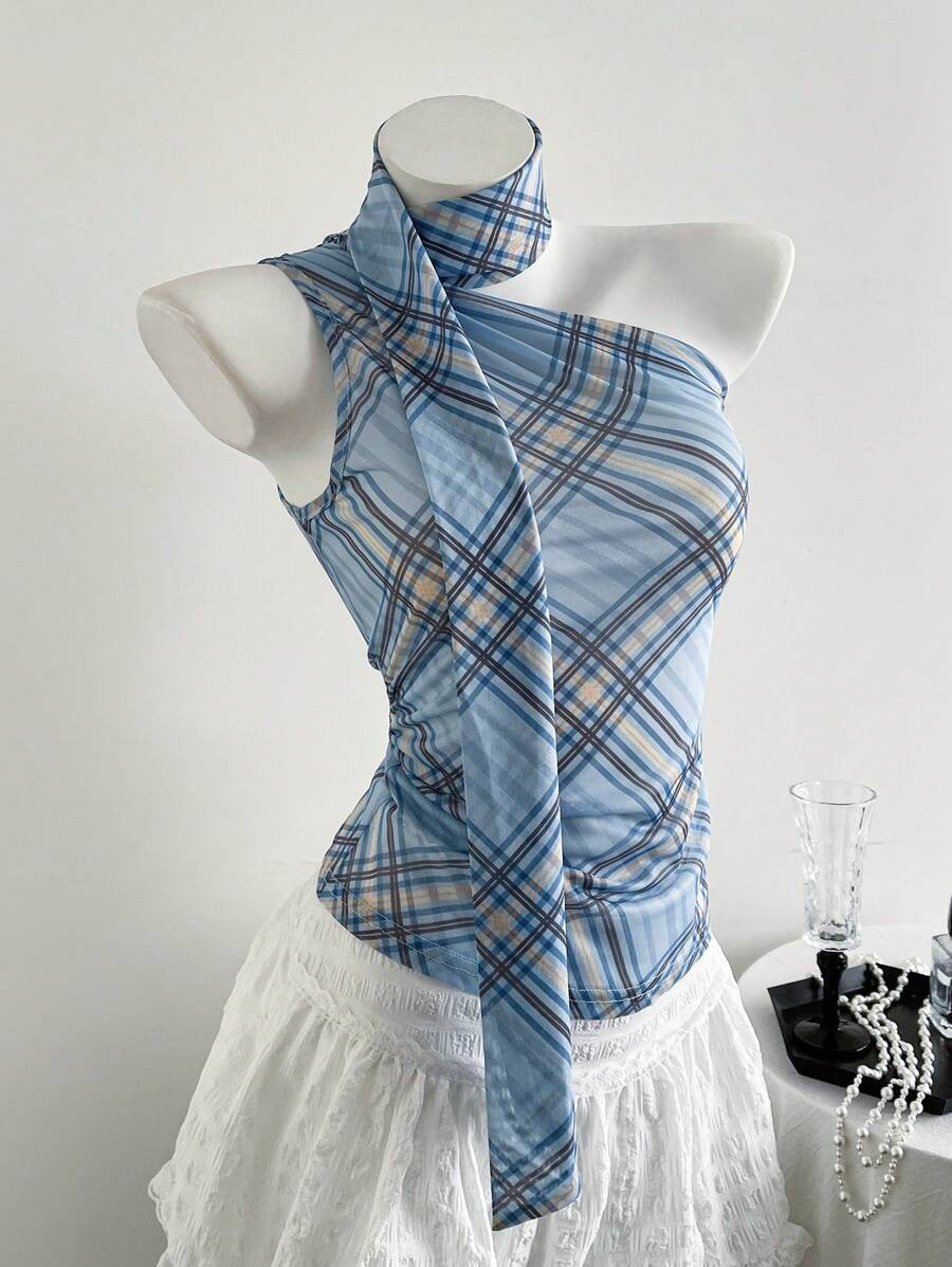 Damer figurnära rutmönster-topp med knytbart scarf Mirla-Eva Jonsson