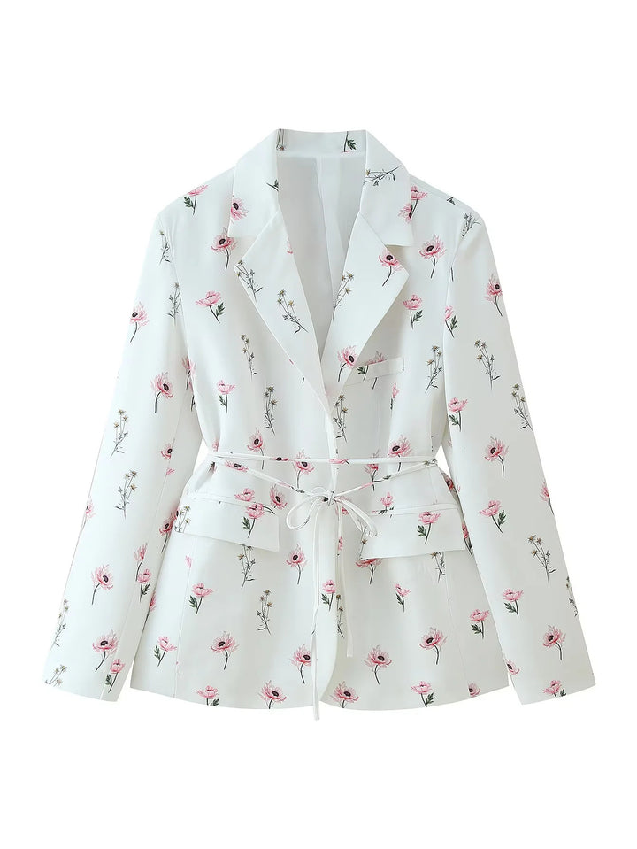 Damer figursydd blazer med blommönster och bälte Mirla-Eva Jonsson