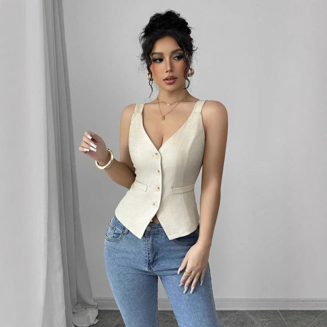 Damer figursydd väst med knappdetaljer och smala axelband Eva Jonsson-Eva Jonsson