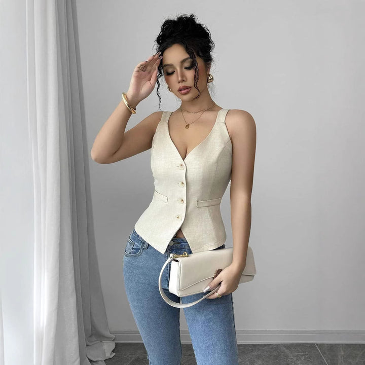 Damer figursydd väst med knappdetaljer och smala axelband Eva Jonsson-Eva Jonsson