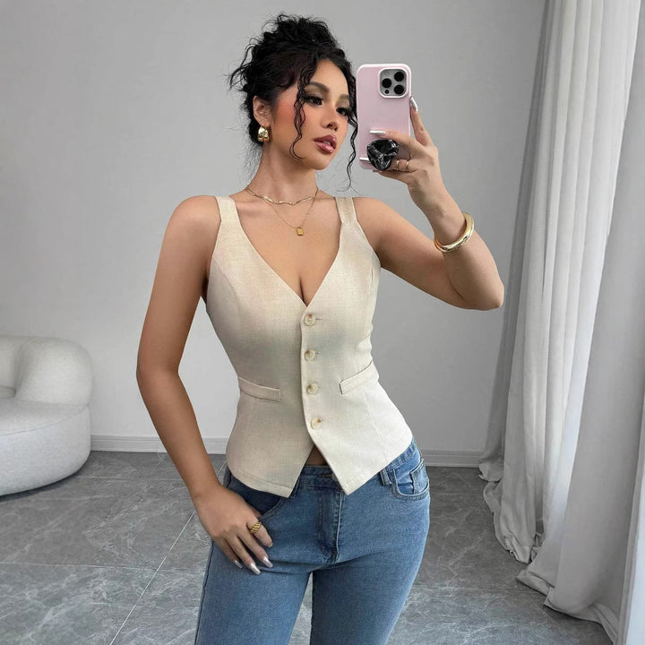 Damer figursydd väst med knappdetaljer och smala axelband Eva Jonsson-Eva Jonsson