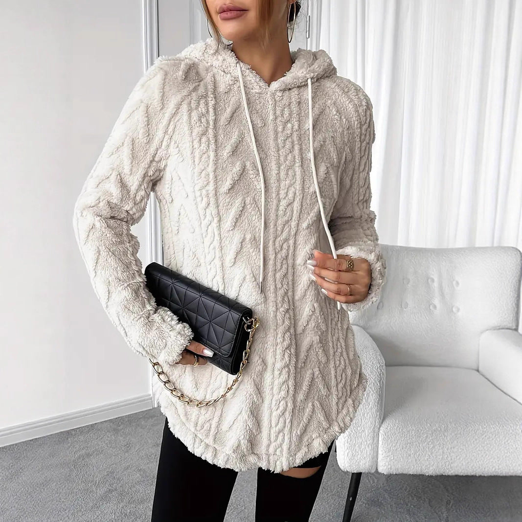 Damer fleece-hoodie med strukturerad flätmönster Mirla-Eva Jonsson
