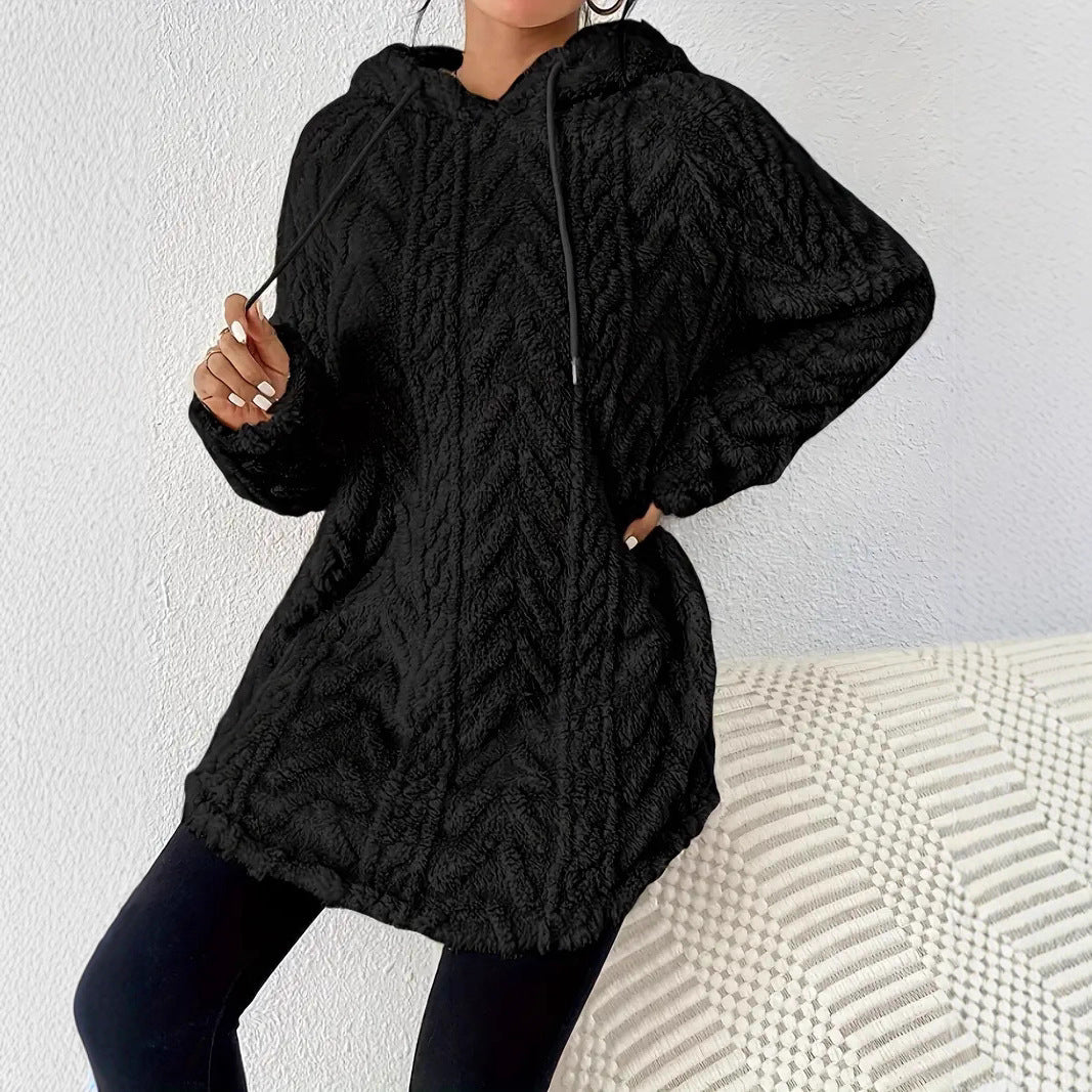 Damer fleece-hoodie med strukturerad flätmönster Mirla-Eva Jonsson