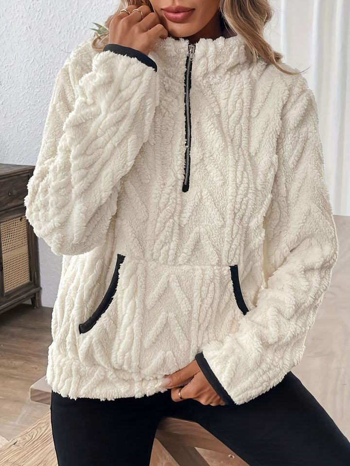 Damer fluffig fleece-tröja med halv dragkedja och känguruficka Mirla-Eva Jonsson