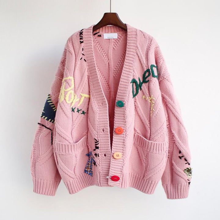 Damer fodrad stickad cardigan med färgglada knappar och unik design Eva Jonsson-Eva Jonsson