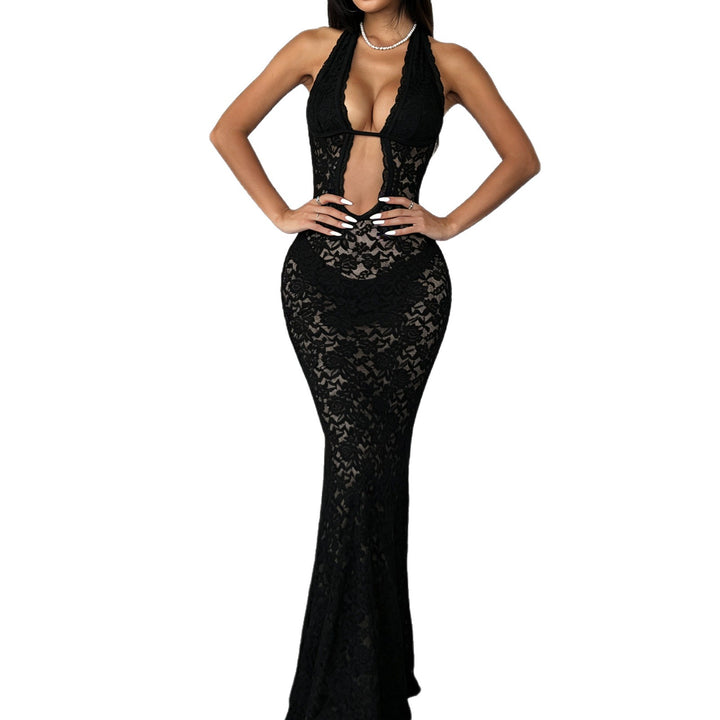Damer förföriskt spetsklänning med djup V-halsringning och sidokutouts Mirla-Eva Jonsson