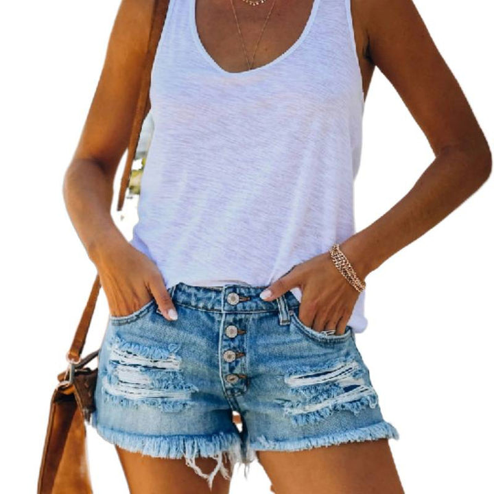 Damer förstörda denim shorts med fransad kant och hög midja Mirla-Eva Jonsson