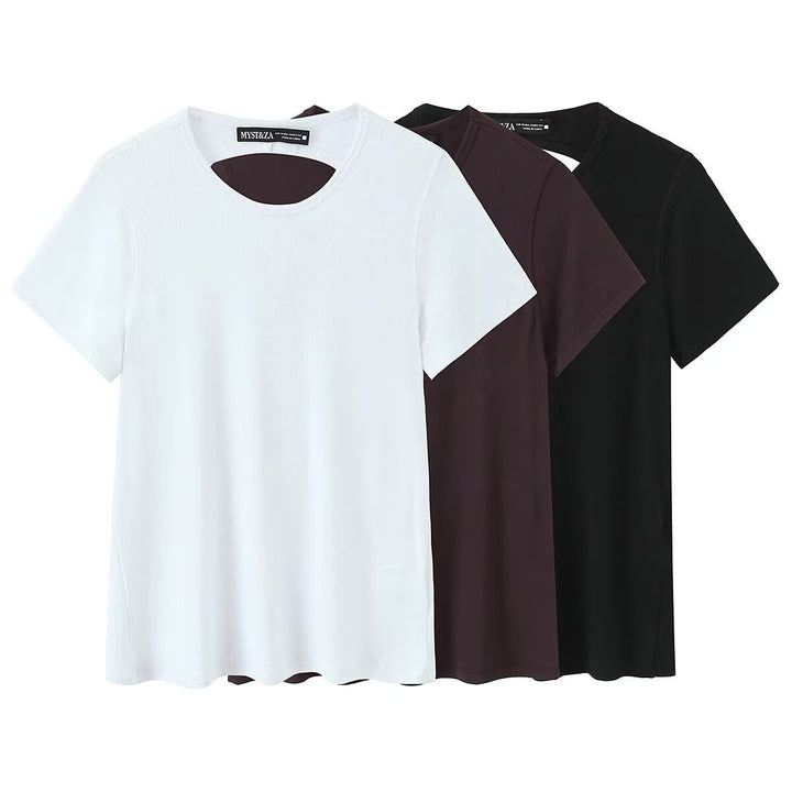 Damer fritids T-shirt med modern ryggöppning och högkvalitativ bomull Mirla-Eva Jonsson