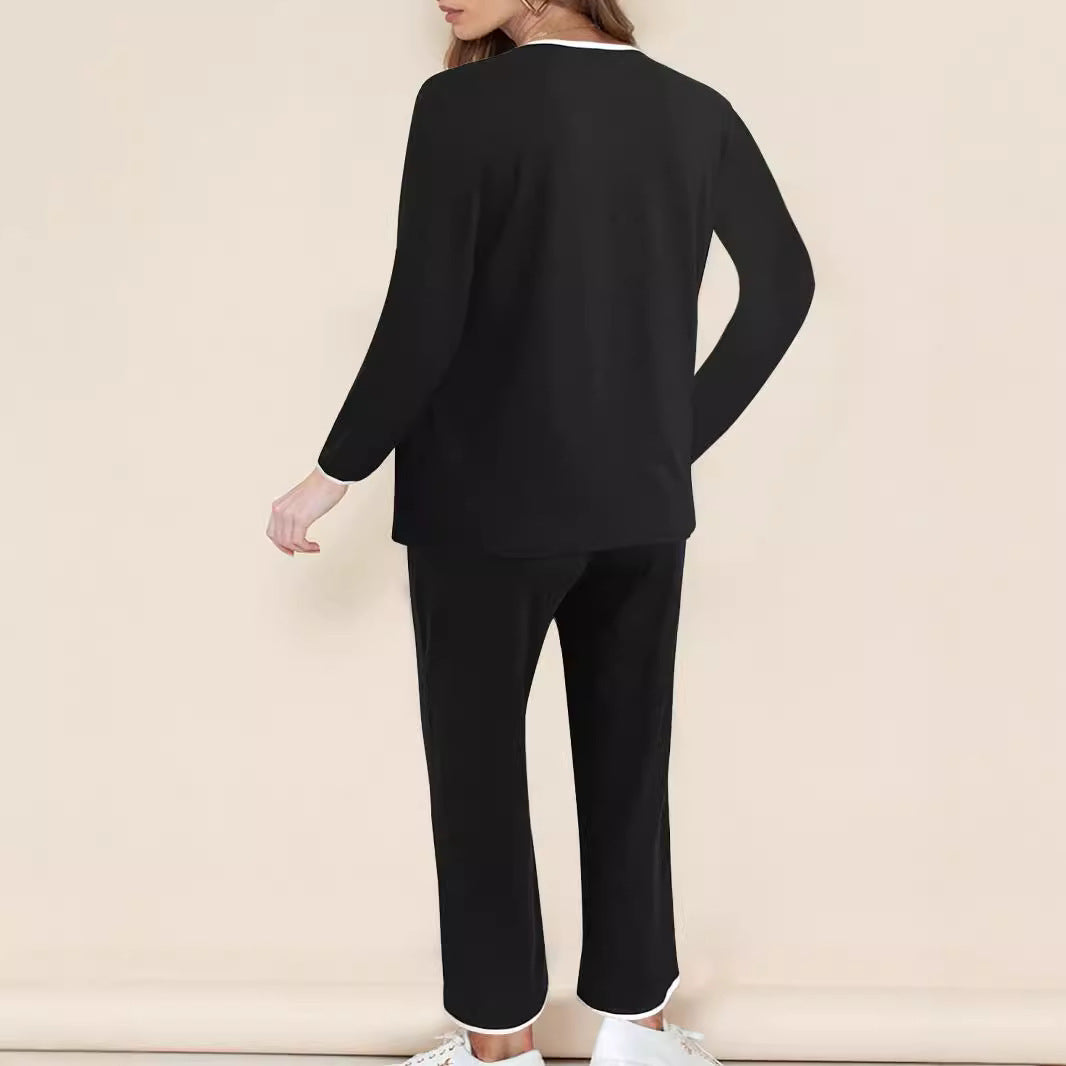 Damer fritids-loungewear-set med elegant V-ringning och breda byxkant Eva Jonsson-Eva Jonsson
