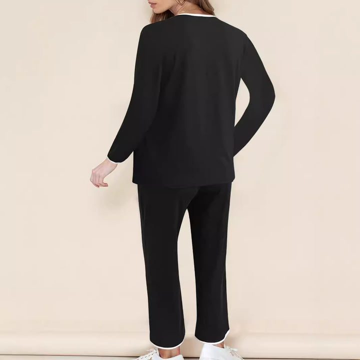 Damer fritids-loungewear-set med elegant V-ringning och breda byxkant Eva Jonsson-Eva Jonsson