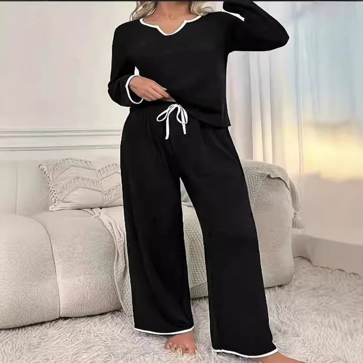 Damer fritids-loungewear-set med elegant V-ringning och breda byxkant Eva Jonsson-Eva Jonsson
