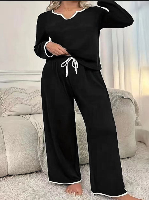 Damer fritids-loungewear-set med elegant V-ringning och breda byxkant Eva Jonsson-Eva Jonsson