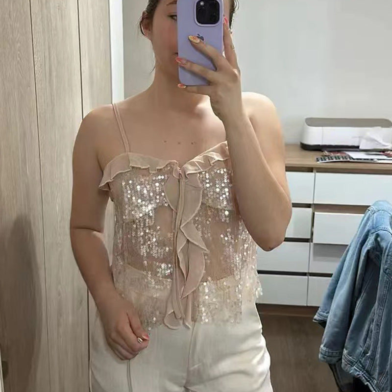 Damer funktionsblus med paljetter och volanger Mirla-Eva Jonsson
