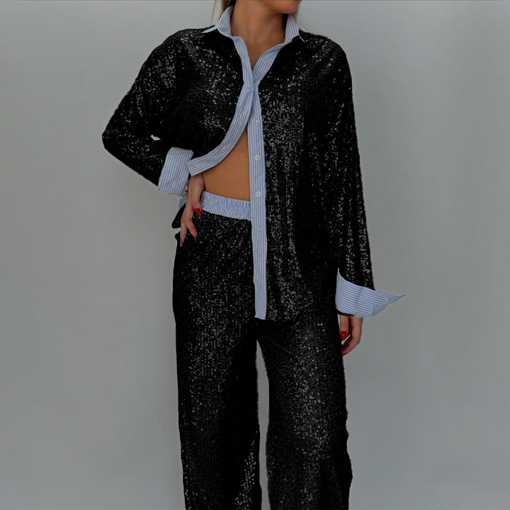 Damer glittrande glitter-outfit med klassisk skjorta och vid skärning Mirla-Eva Jonsson
