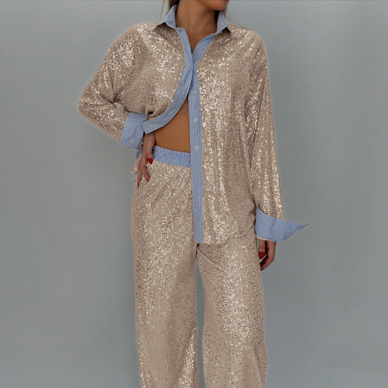 Damer glittrande glitter-outfit med klassisk skjorta och vid skärning Mirla-Eva Jonsson