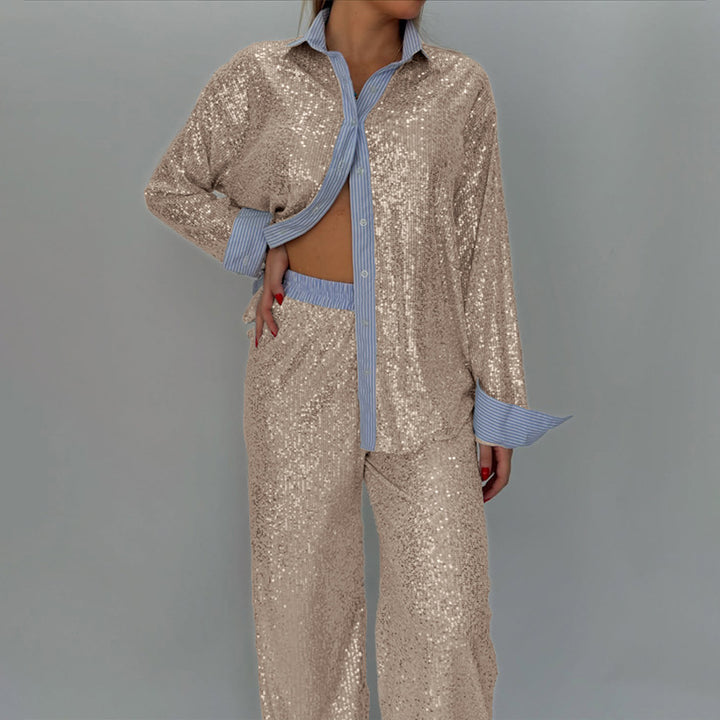 Damer glittrande glitter-outfit med klassisk skjorta och vid skärning Mirla-Eva Jonsson