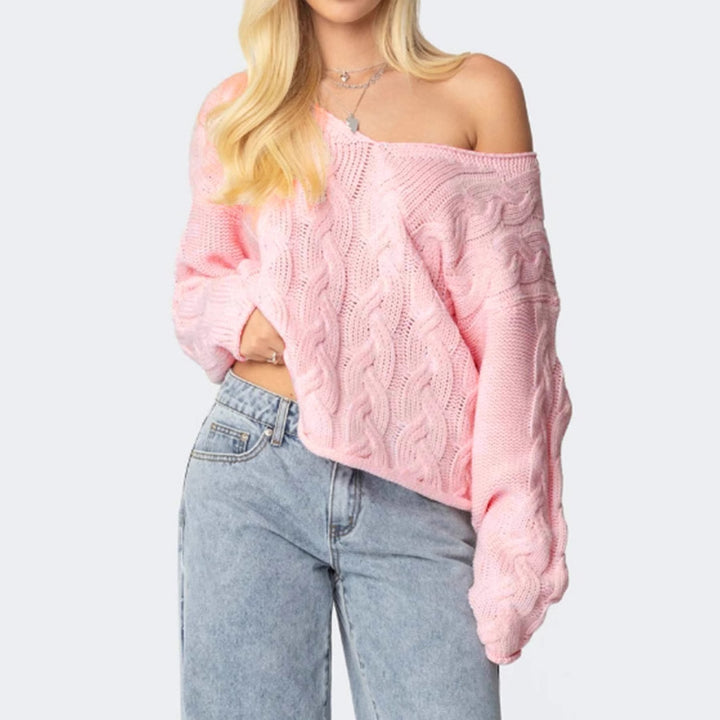 Damer grovstickad tröja med djupt V-ringning och avslappnad silhuett Eva Jonsson-Eva Jonsson