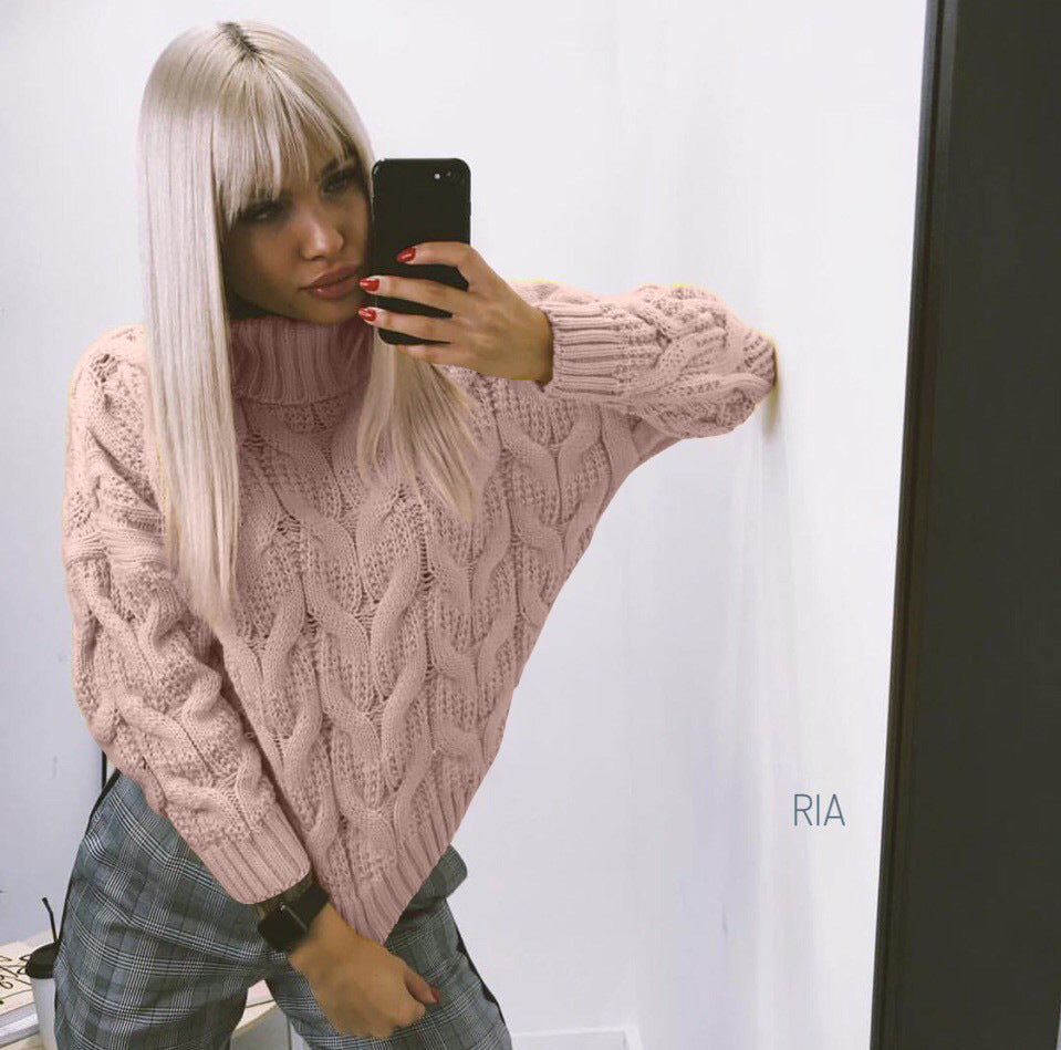 Damer grovt stickad tröja med hög krage och detaljerad flätdesign Mirla-Eva Jonsson