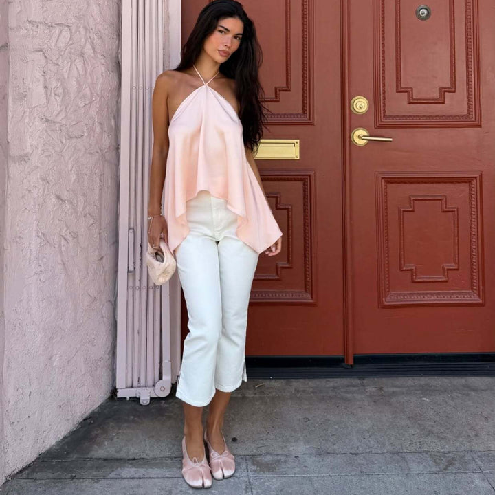 Damer halterneck topp i fladdrande chiffon med asymmetrisk fåll Mirla-Eva Jonsson