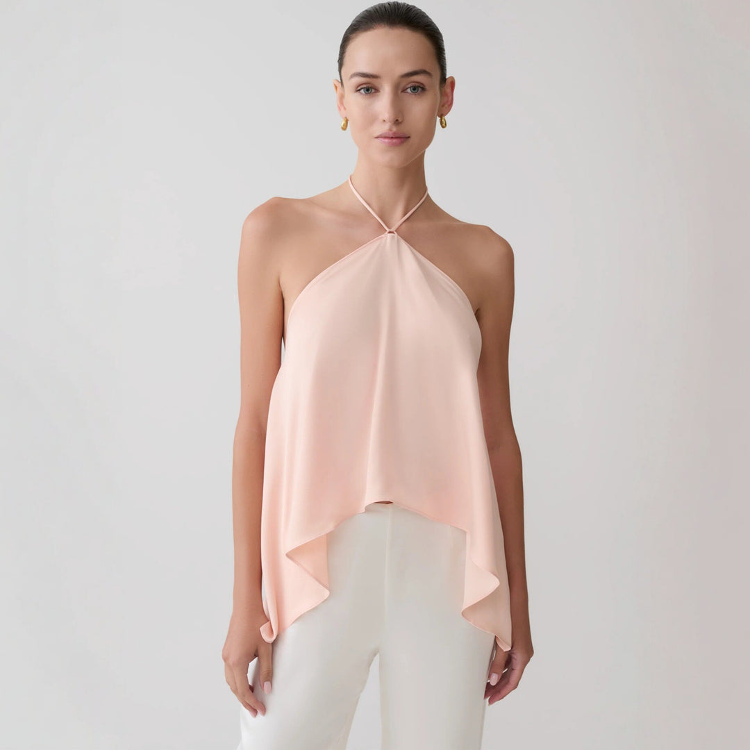 Damer halterneck topp i fladdrande chiffon med asymmetrisk fåll Mirla-Eva Jonsson