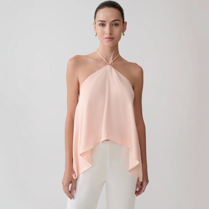 Damer halterneck topp i fladdrande chiffon med asymmetrisk fåll Mirla-Eva Jonsson