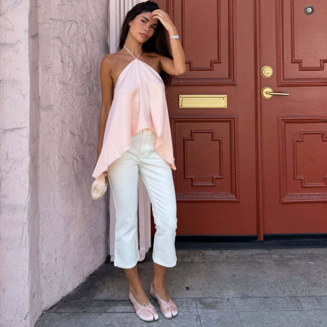 Damer halterneck topp i fladdrande chiffon med asymmetrisk fåll Mirla-Eva Jonsson