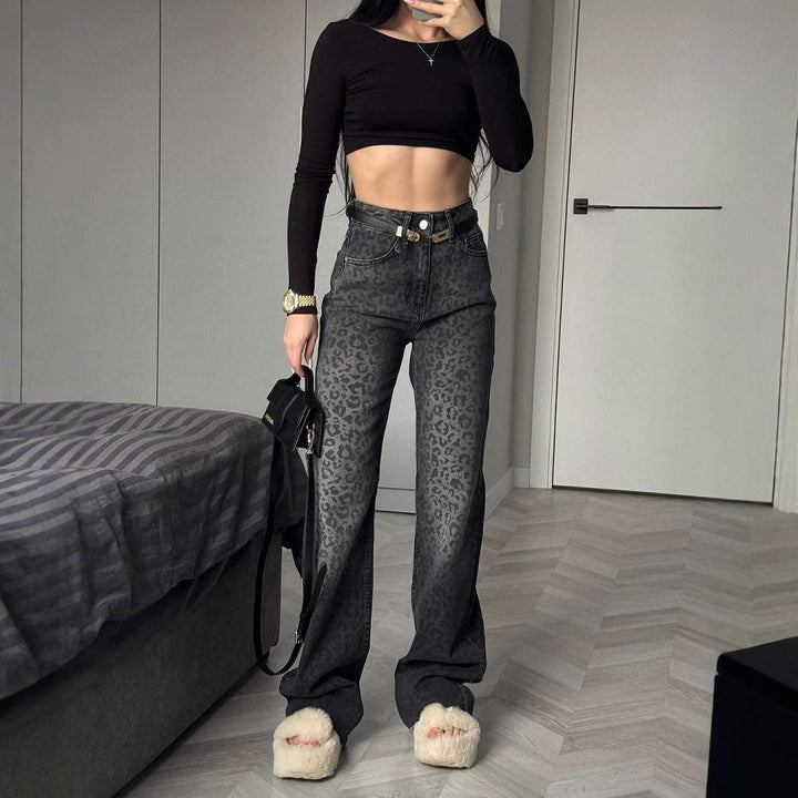 Damer högmidjade jeans med leopardmönster Mirla-Eva Jonsson