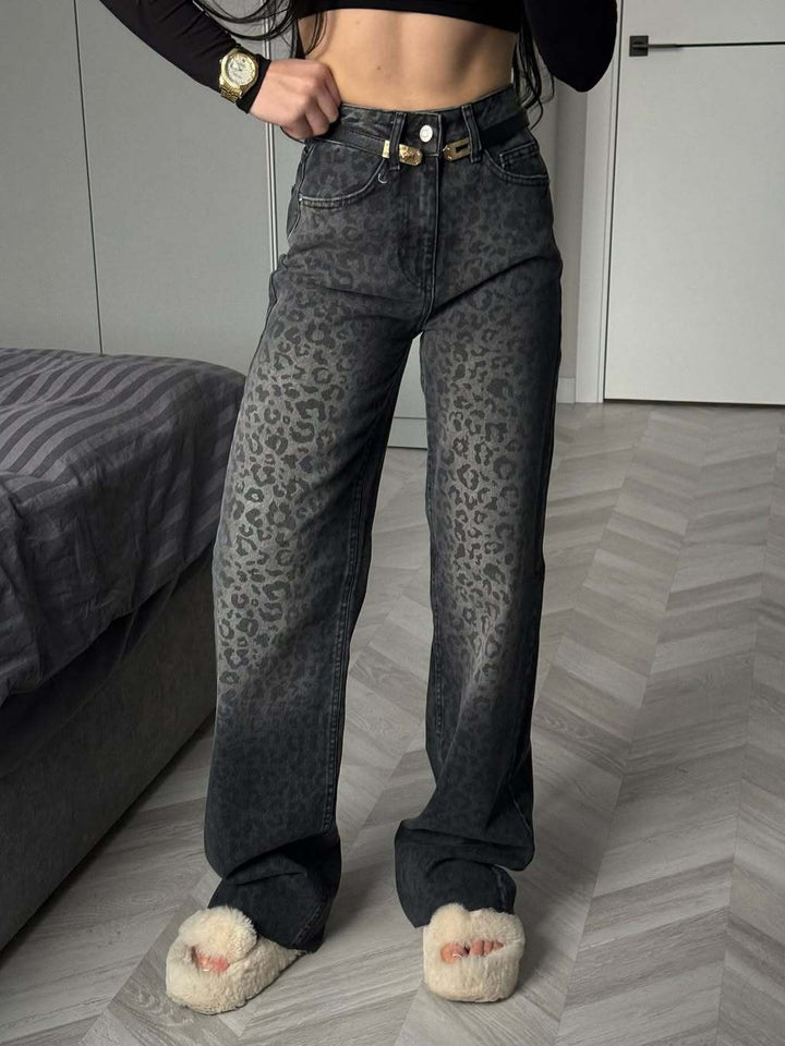 Damer högmidjade jeans med leopardmönster Mirla-Eva Jonsson