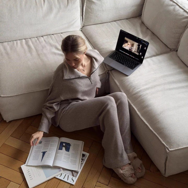 Damer högskuren och elegant Knit-tröja med dragkedja och vida ben Eva Jonsson-Eva Jonsson