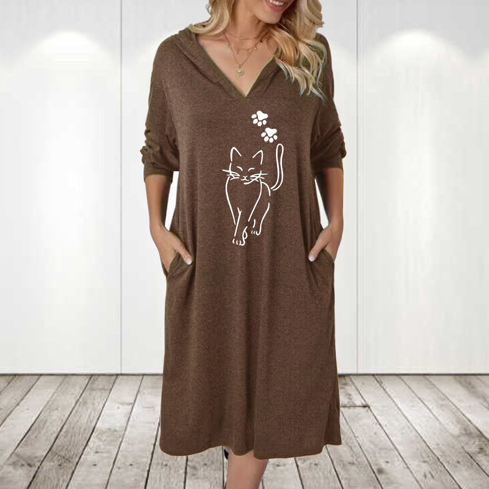 Damer hoodie klänning med söt kattmotiv och praktiska fickor Eva Jonsson-Eva Jonsson