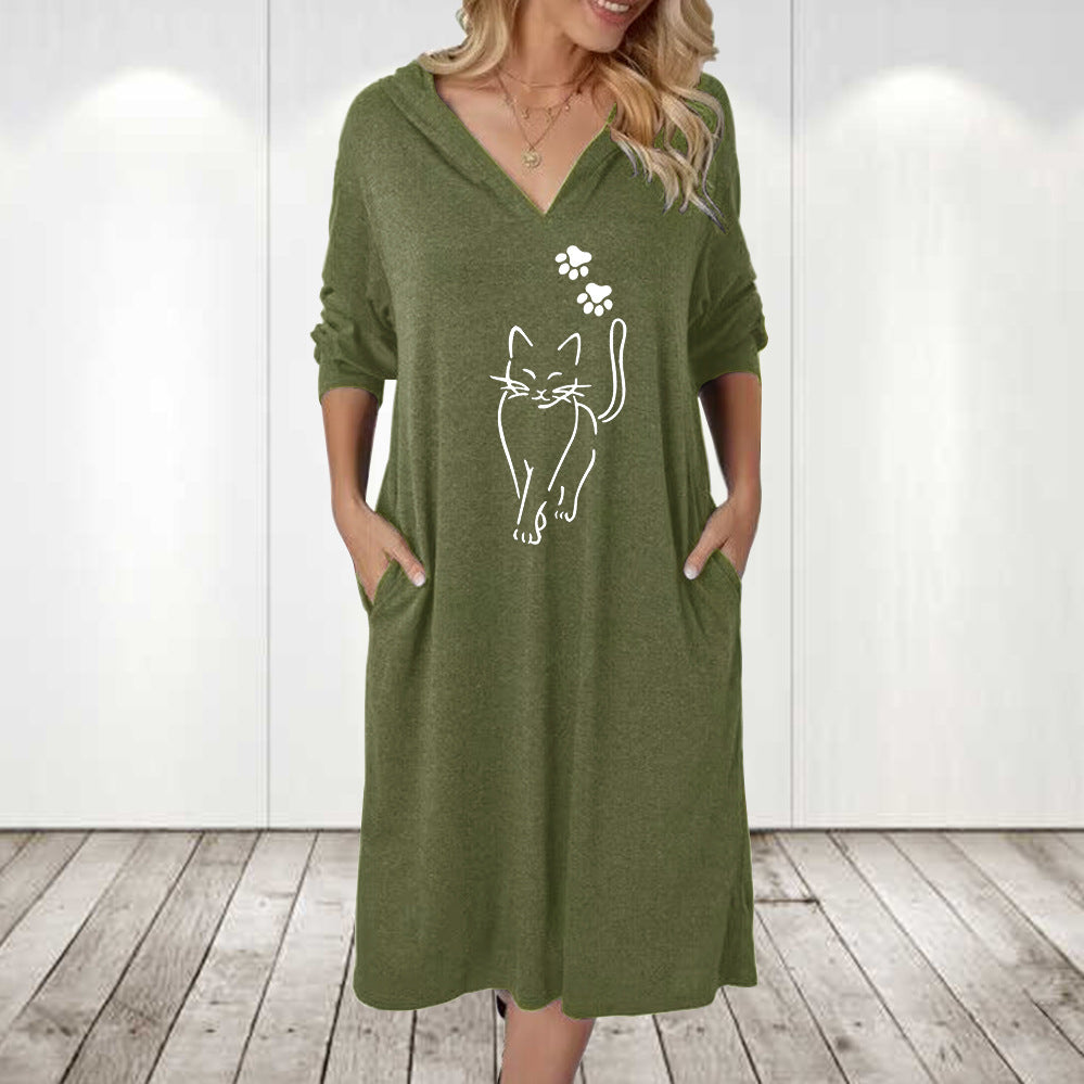 Damer hoodie klänning med söt kattmotiv och praktiska fickor Eva Jonsson-Eva Jonsson