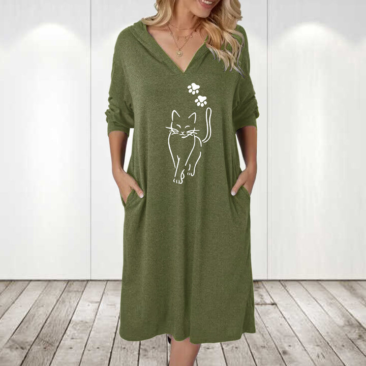 Damer hoodie klänning med söt kattmotiv och praktiska fickor Eva Jonsson-Eva Jonsson