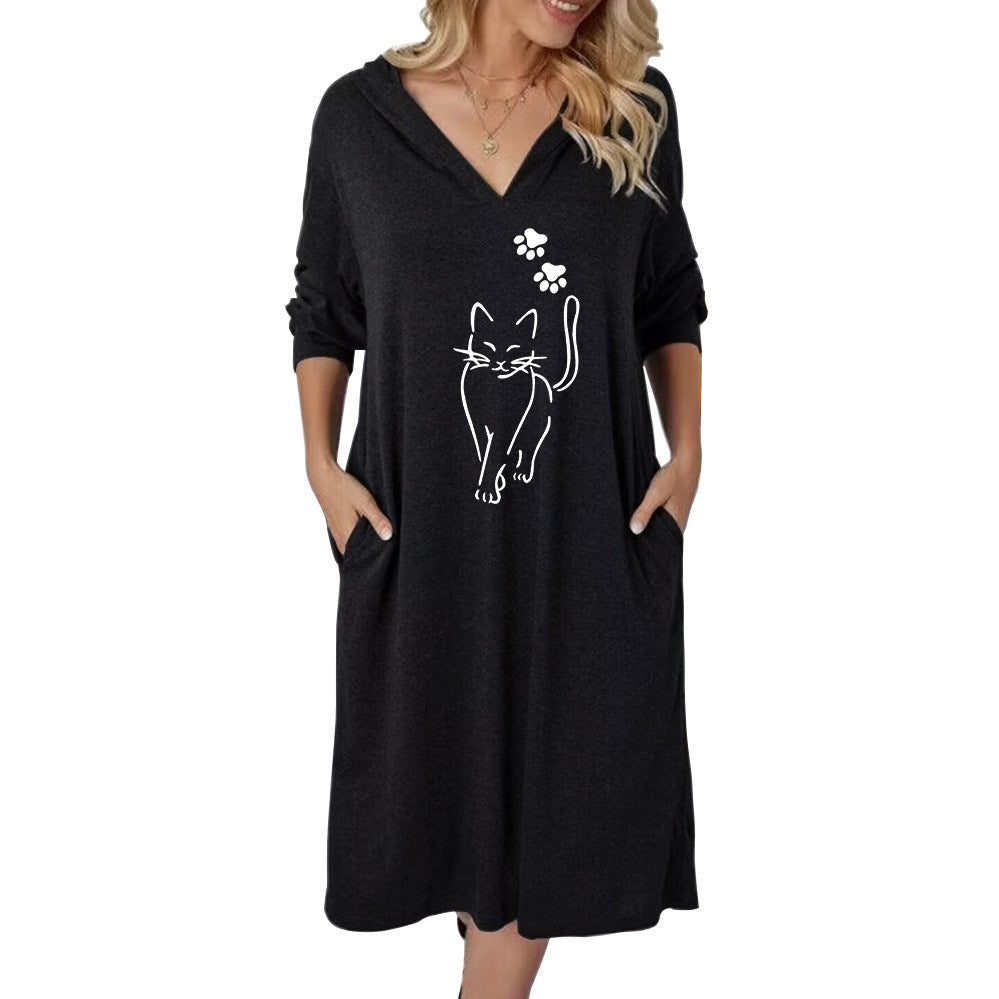 Damer hoodie klänning med söt kattmotiv och praktiska fickor Eva Jonsson-Eva Jonsson